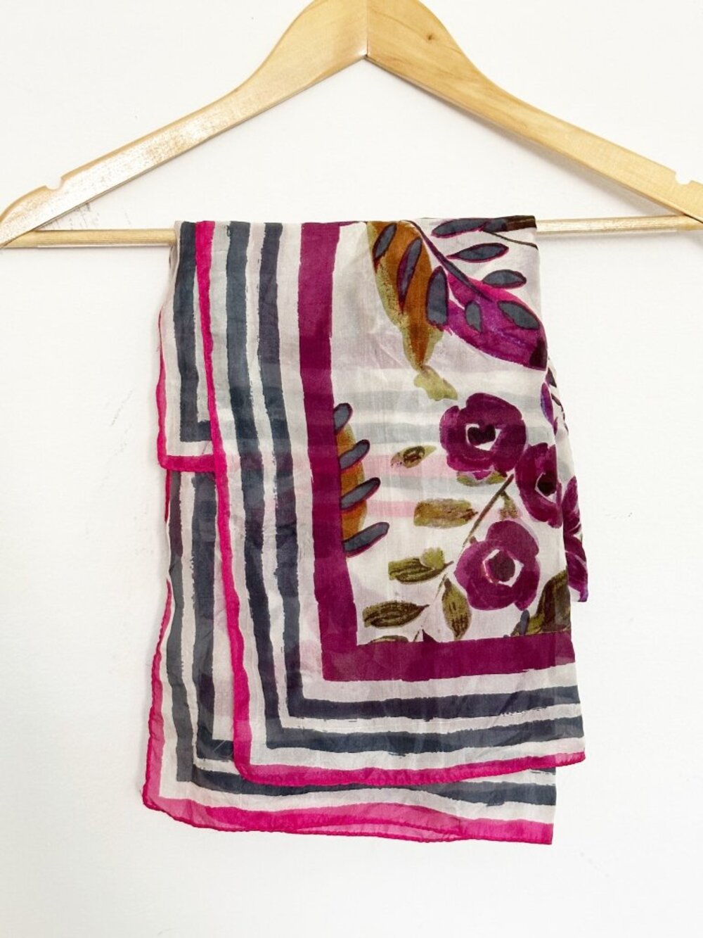 Sharco 100% Silk Scarf Square Floral Purple Magenta Pink Grey Made In India 
